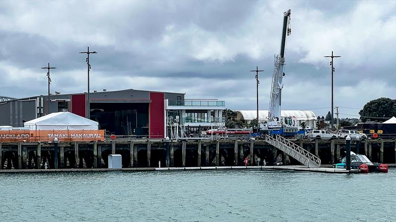 Emirates Team NZ base with hydrogen fuelled Chase Zero and AC40 crane - September 2022 - photo © Richard Gladwell / Sail-World.com/nz