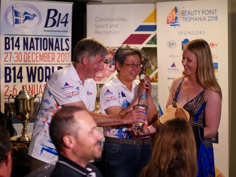 Steve Miller, 1st Handicap receiving the local gin during the B14 Worlds prize giving photo copyright Steve Miller taken at Port Dalrymple Yacht Club and featuring the B14 class