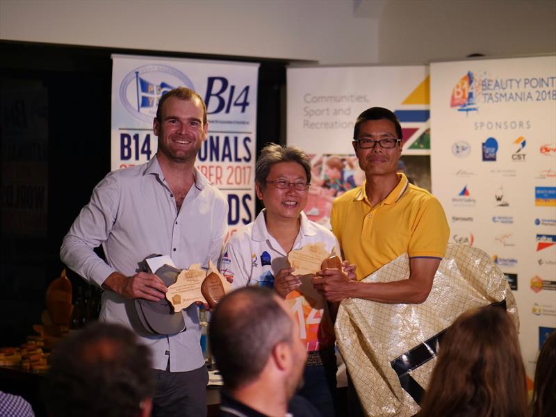 B14 Worlds prize giving: Martin Mok & Adrian Beswick, 3rd Handicap photo copyright Steve Miller taken at Port Dalrymple Yacht Club and featuring the B14 class