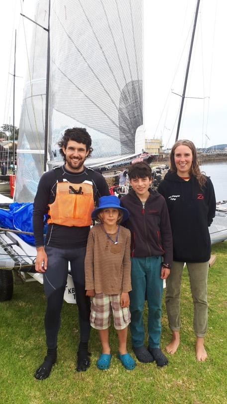 Defending B14 State Champion Robbie Hunt with Arthur and Wellington Adams and crew Charlotte Armstrong photo copyright Greg Rowsell taken at Port Dalrymple Yacht Club and featuring the B14 class