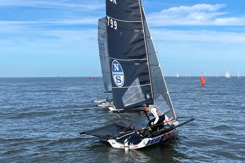 Mark Barnes leads Simon Hadley off the start line on day 1 - Shepherd Neame / Holiday Cottages B14 TT at Whitstable photo copyright Steve Gray taken at Whitstable Yacht Club and featuring the B14 class