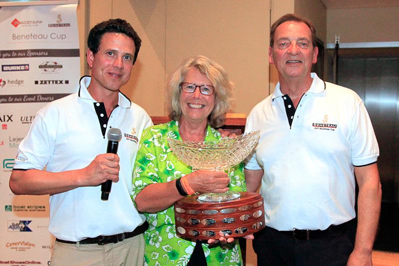 Micah Lane (L) and Graham Raspass (R) award the 2017 Beneteau Cup to Kim Clinton. The 2018 Beneteau Cup is on October 26, BTW... - photo © Alex McKinnon