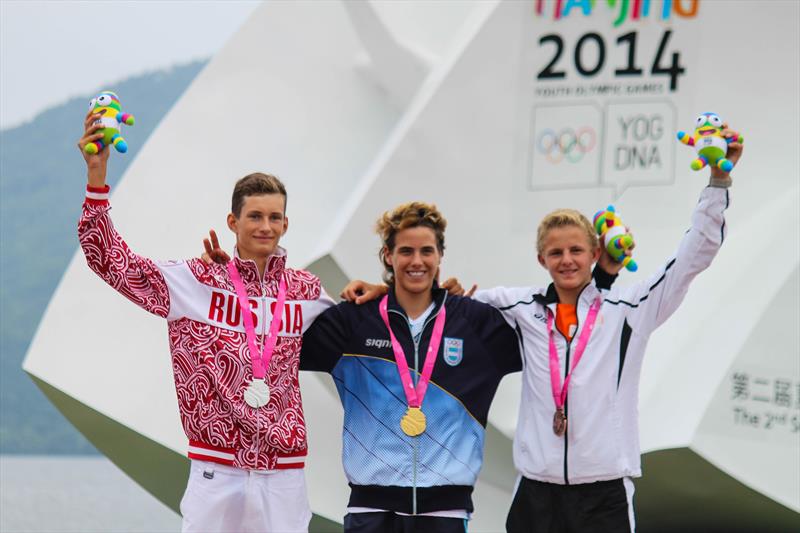 Boy's Techno 293 podium at the Youth Olympic Games 2014 - photo © ISAF