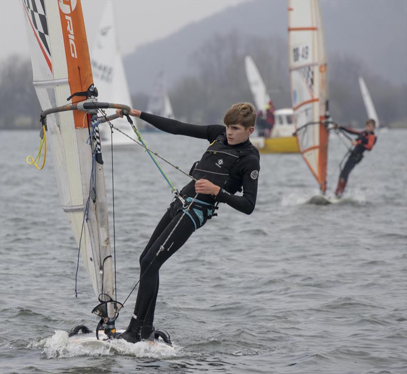 Dunacn Monaghan on his way to winning the windsurf junior fleet at the Notts County First of Year Race photo copyright David Eberlin taken at Notts County Sailing Club and featuring the Bic Techno class