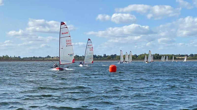 Ben Harden approaching the Gybe mark chased by Paul Tatem during the Blaze Midlands Championship photo copyright DWSC taken at Draycote Water Sailing Club and featuring the Blaze class