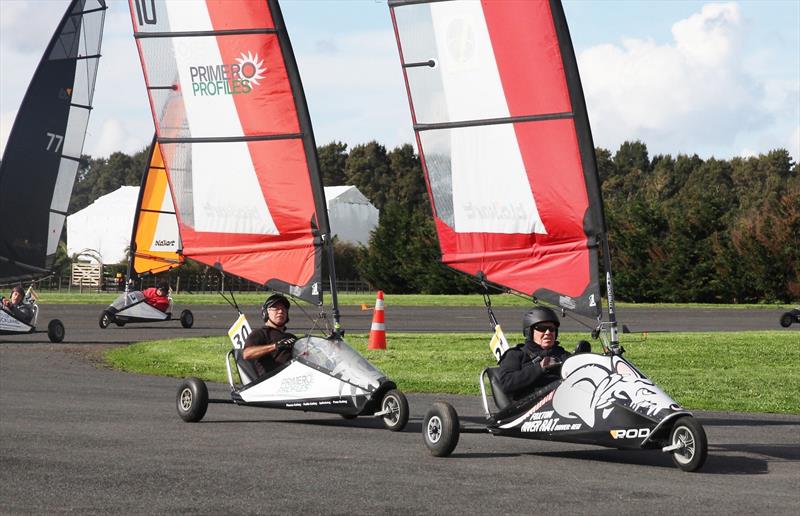 Blokarts are sailed by all ages. Trevor Register, leading, is a current NZ Champion, and a contender to win his division this year, at 77 years young. New Zealand Open, Ardmore, 2016 photo copyright Russell Harray taken at  and featuring the Blokart class