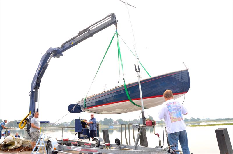 Shore crew of Brightlingsea OD 'Grethe' craning her in for the Bosham Classic Boat Revival 2014 photo copyright David Edmund-Jones taken at Bosham Sailing Club and featuring the Brightlingsea One Design class