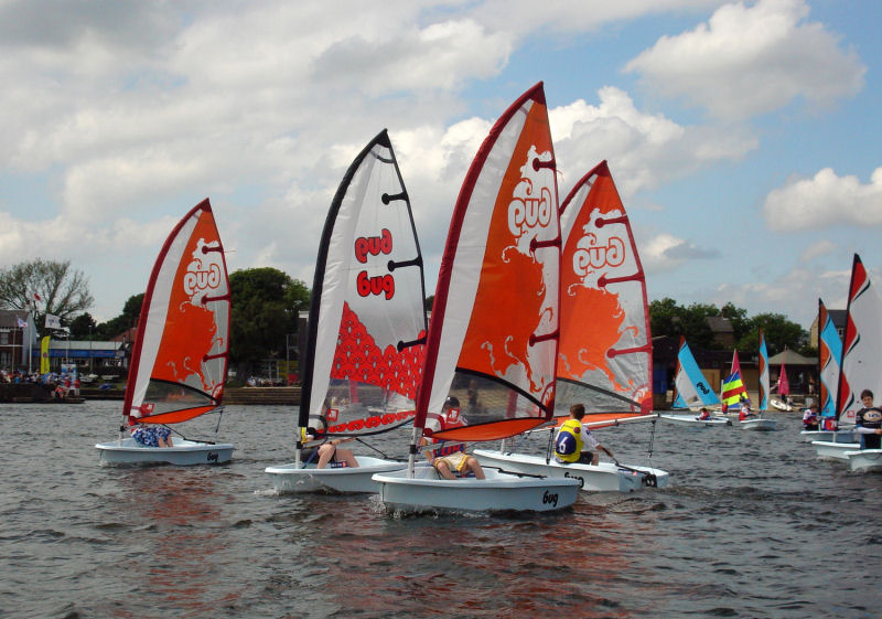 The fleet start a race at Hollingworth Lake during the OnBoard Laser Bug Day photo copyright Adam McGovern / RYA taken at  and featuring the Bug class