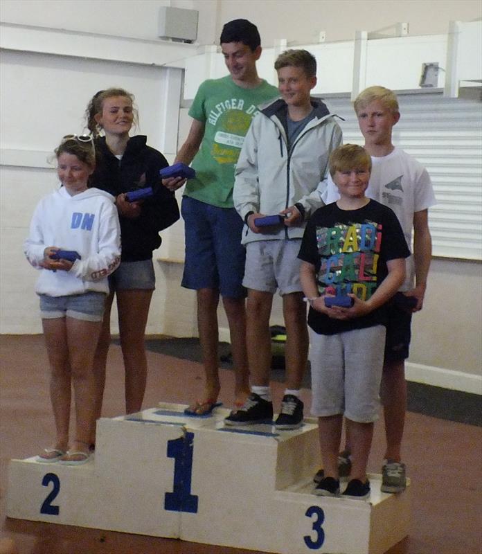 Cadet Class Worlds promotional fleet race 1 podium photo copyright Peter Collyer taken at Weymouth & Portland Sailing Academy and featuring the Cadet class