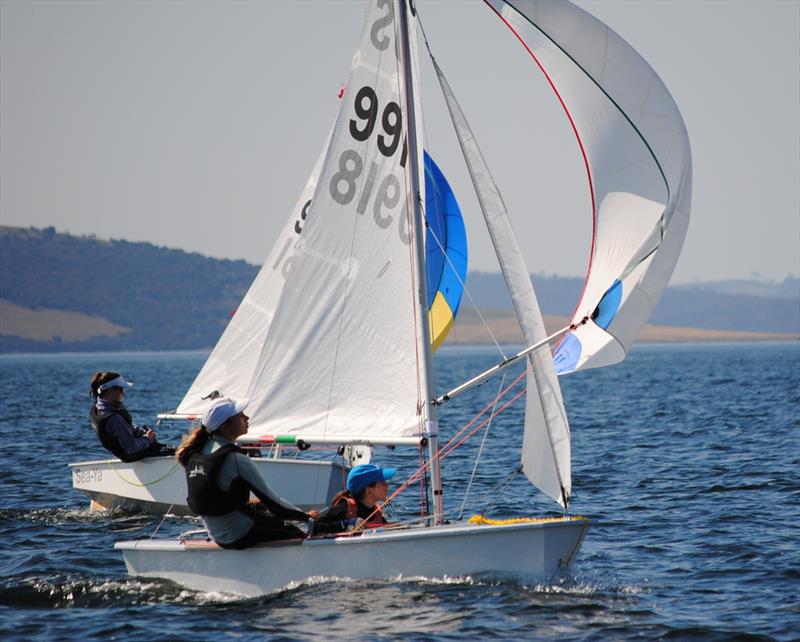 All girl crews in the International Cadet class at the PJ Super Series Regatta in Hobart photo copyright Peter Campbell taken at Sandy Bay Sailing Club and featuring the Cadet class