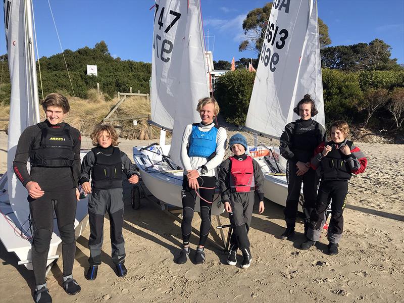 Three of the four Tasmanian crews about to have their last sail on the Derwent last Sunday before heading off to Germany for the worlds photo copyright Sam Ibbott taken at Sandy Bay Sailing Club and featuring the Cadet class