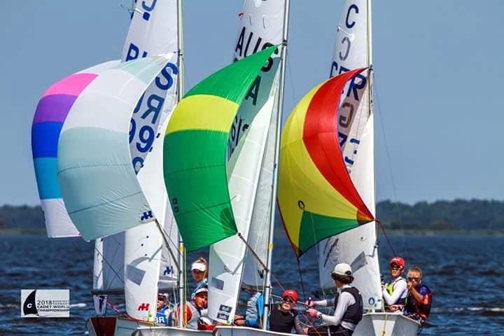 Sandy Bay Sailing crew, Archer Ibbott and Grace Hooper,  racing under spinnaker against Cadets from Russia and Germany photo copyright International Cadet Class taken at  and featuring the Cadet class