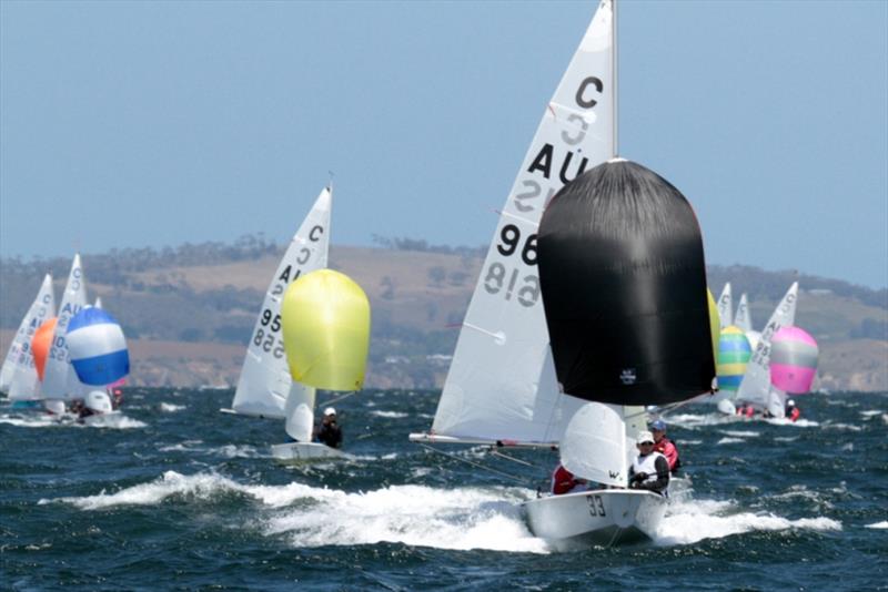 Shmoken's young skipper Hugo Allison is a former Cadet world champion as crew for Sam Abel, both from Sandy Bay Sailing Club - International Cadet Nationals photo copyright Pete Harmsen taken at Sandy Bay Sailing Club and featuring the Cadet class