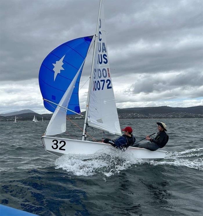 Josh Garner and Jack Benyan competing at the 2024 Cadet National Sailing Championships in Hobart photo copyright Royal Geelong Yacht Club taken at Royal Geelong Yacht Club and featuring the Cadet class