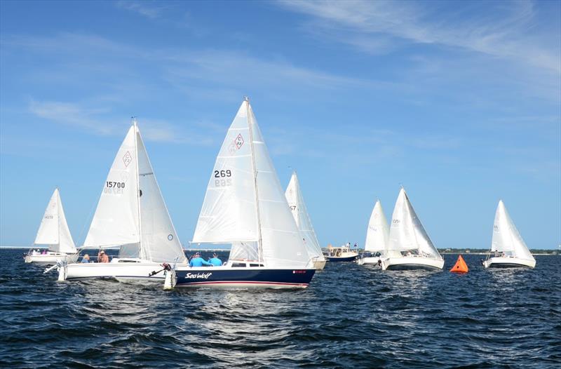 Silver Fleet Leader Richard Gailey in #216 Wicklow Way (far right) led from start to finish in all three races on Monday' s Day 1 of Catalina 22 National Championship racing in Pensacola Florida photo copyright Talbot Wilso taken at Pensacola Yacht Club and featuring the Catalina 22 class