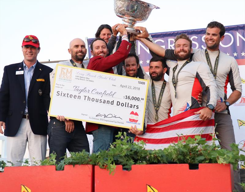 Taylor Canfield hold the winners cheque for the 2018 Congressional Cup. Mike Buckley issecond from right photo copyright Bronny Daniels taken at Long Beach Yacht Club and featuring the Catalina 37 class