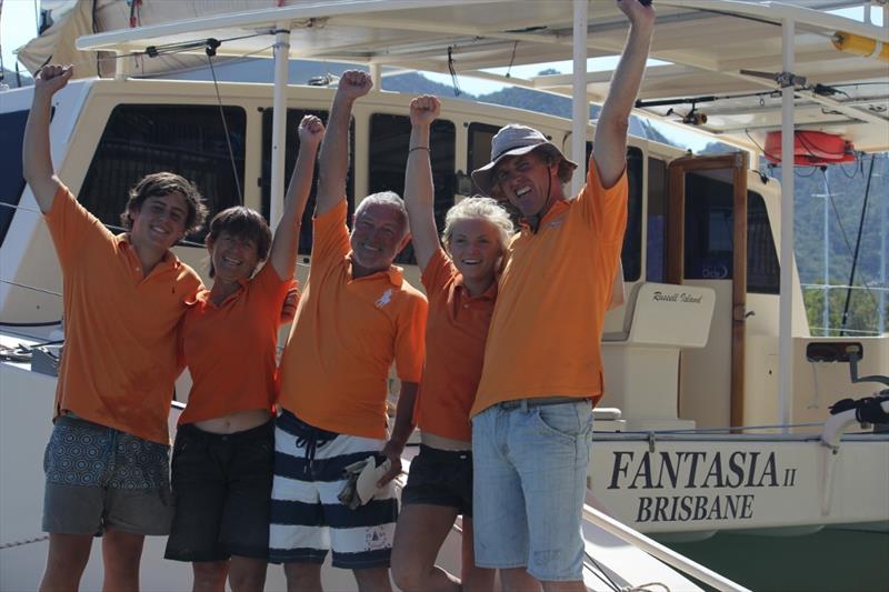 The winning Fantasia catamaran team of Dan Townsend, Carolyn Stransky, John Cadwallader, Mara Stransky and Andrew Stransky on day 2 of SeaLink Magnetic Island Race Week photo copyright Tracey Johnstone taken at Townsville Yacht Club and featuring the Catamaran class