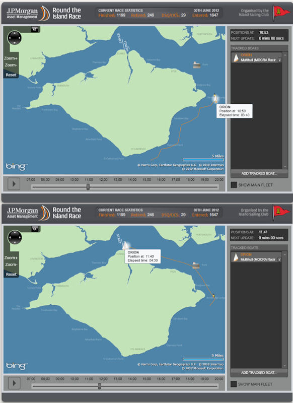 Orion's track in the J.P. Morgan Asset Management Round the Island Race photo copyright www.roundtheisland.org.uk taken at  and featuring the Catamaran class