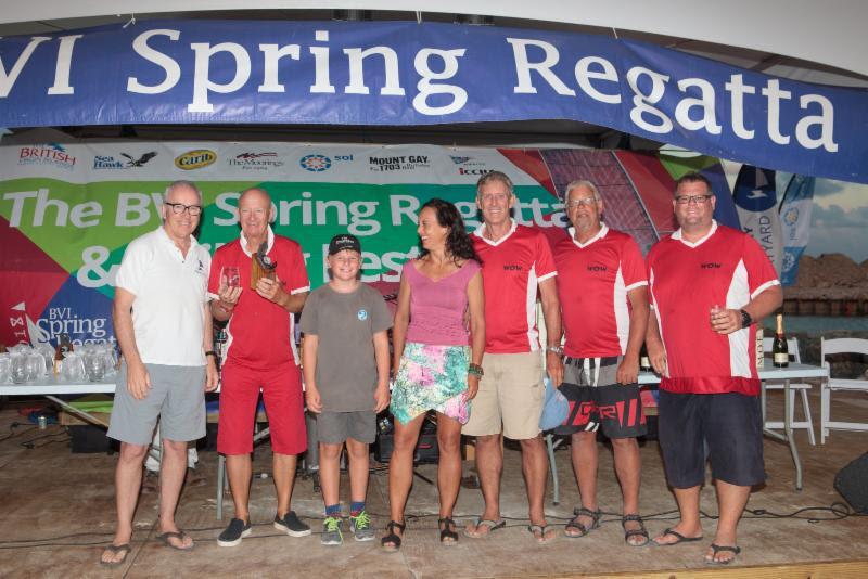 Cameron McColl, Nanny Cay Chairman presented awards from Tuesday's Round Tortola Race to the British team on  David Liddell & Helen Ruud's Stealth 14gt WOW - photo © Alastair Abrehart