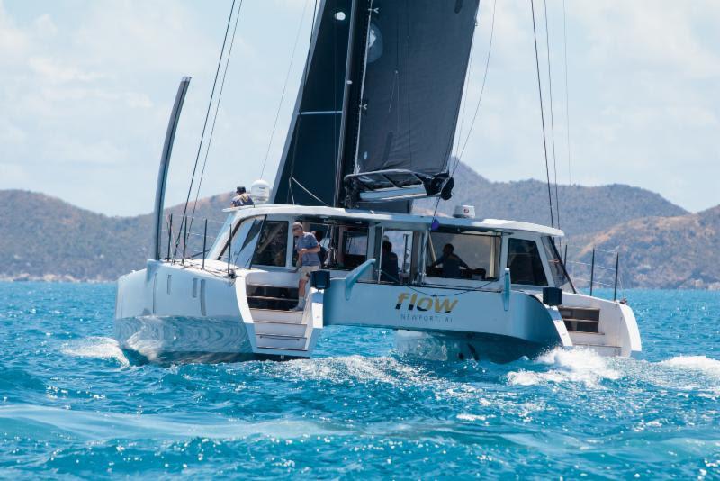 Leading the class, Stephen Cucchiaro's American Gunboat 60 Flow - one of three Gunboats in the Offshore Multihulls class - 2018 BVI Spring Regatta photo copyright Alastair Abrehart taken at Royal BVI Yacht Club and featuring the Catamaran class