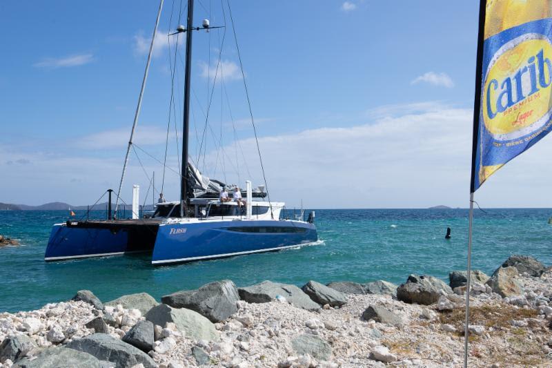 The last boats arrive at Nanny Cay in time to enjoy the Carib Welcome Party at the Regatta Village, with music by  MJ Blues before the first race of the three-day BVI Spring Regatta tomorrow - BVI Spring Regatta photo copyright Alastair Abrehart taken at Royal BVI Yacht Club and featuring the Catamaran class
