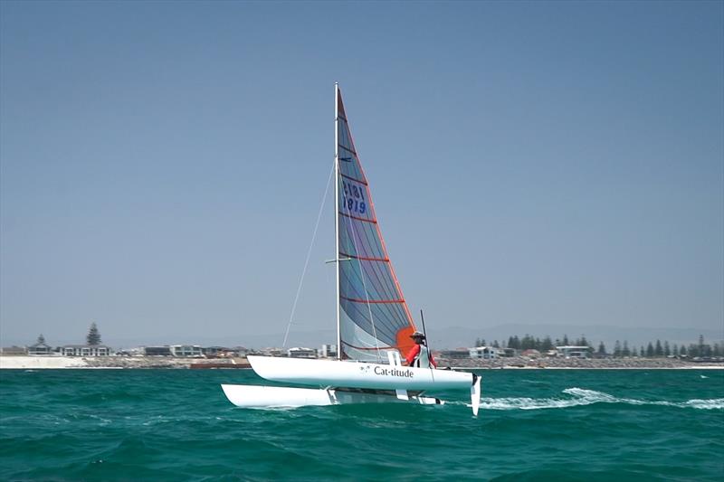 Steve Thomas in Cat-titude racing in the Mosquito Mk I fleet - 2020 Adelaide National Regatta photo copyright Brad Halstead taken at Adelaide Sailing Club and featuring the Catamaran class