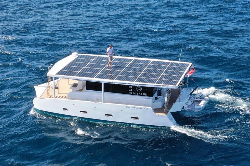 Azura Marine CEO Julien Mélot seen flying the drone from the roof of “Solar Eclipse” during offshore sea trials photo copyright Azura Marine taken at  and featuring the Catamaran class