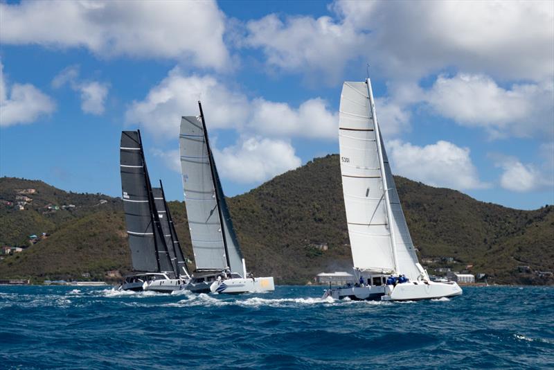 Greg Slyngstad's Bieker 53 Fujin and the Offshore Multihull start on Mount Gay Race Day - 49th BVI Spring Regatta - photo © Alastair Abrehart