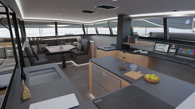 Starboard hull access, nav desk, galley and saloon of the Cure 55 - photo © Cure Marine