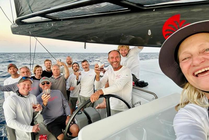 Celebrating Paul Larsen's birthday on board Adrian Keller's Allegra photo copyright Helena Daverlid / Allegra taken at Royal Ocean Racing Club and featuring the Catamaran class