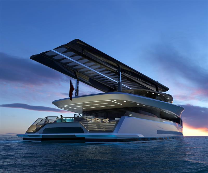 Dragonfly with her rigs 'stowed' and they offer enormous shade, yet do not project out past her transom photo copyright Dixon Yacht Design taken at  and featuring the Catamaran class