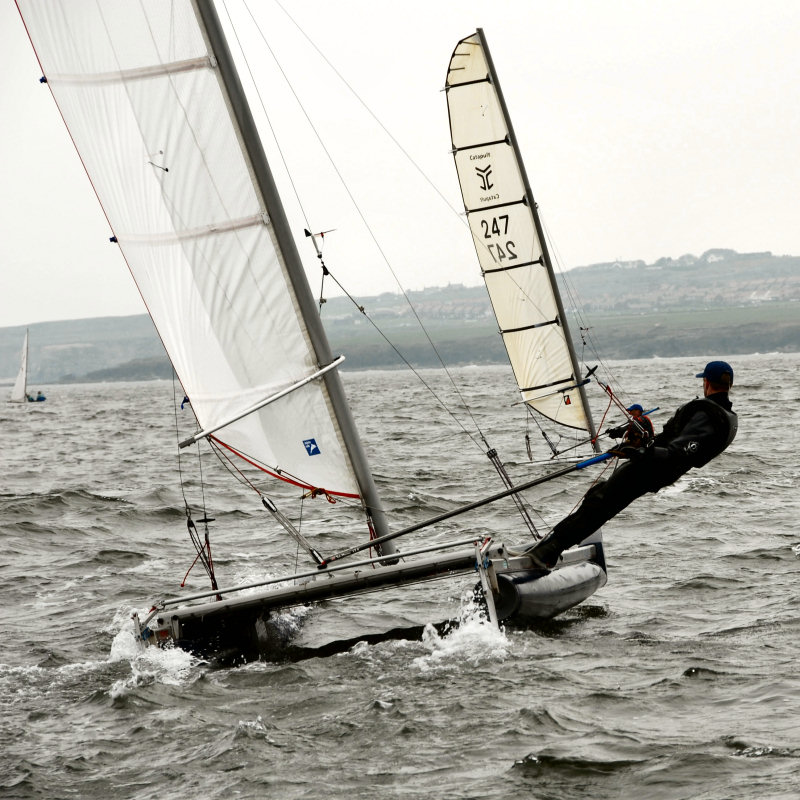 Bassenthwaite Catapult TT winner Gareth Ede reels in father Stuart photo copyright anon taken at Bassenthwaite Sailing Club and featuring the Catapult class