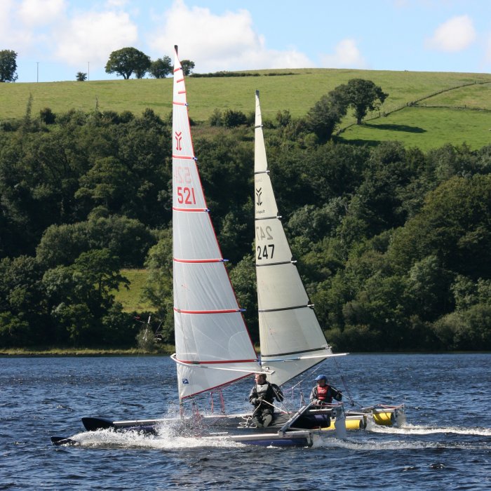 Gareth Ede (521) led father Stuart to victory in the Catapult TT at Rutland photo copyright Jon Montgomery taken at Rutland Sailing Club and featuring the Catapult class