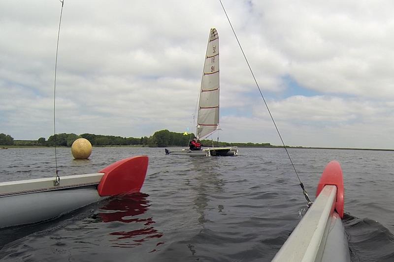 John Terry (behind the lens) pursues Gareth Ede around the windward mark - Catapult Travellers Trophy Series at the Rutland Sailing Club Catamaran Open - photo © John Terry