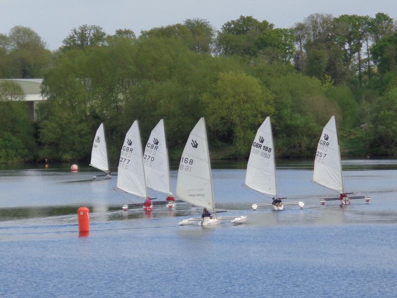 Jack Alderdice (281) leading race 2 during the Burghfield Challenger Regatta photo copyright Marion Edwards taken at Burghfield Sailing Club and featuring the Challenger class