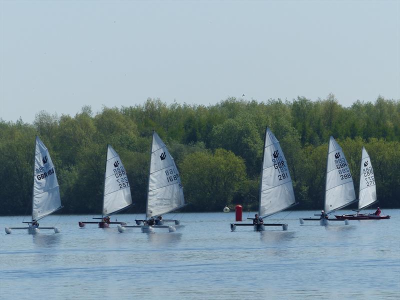 Light weather run with Alex Hovden 188, Mark Fletcher 168, Jack Alderdice 281 leading during the Burghfield Challenger Regatta photo copyright Richard Johnson taken at Burghfield Sailing Club and featuring the Challenger class