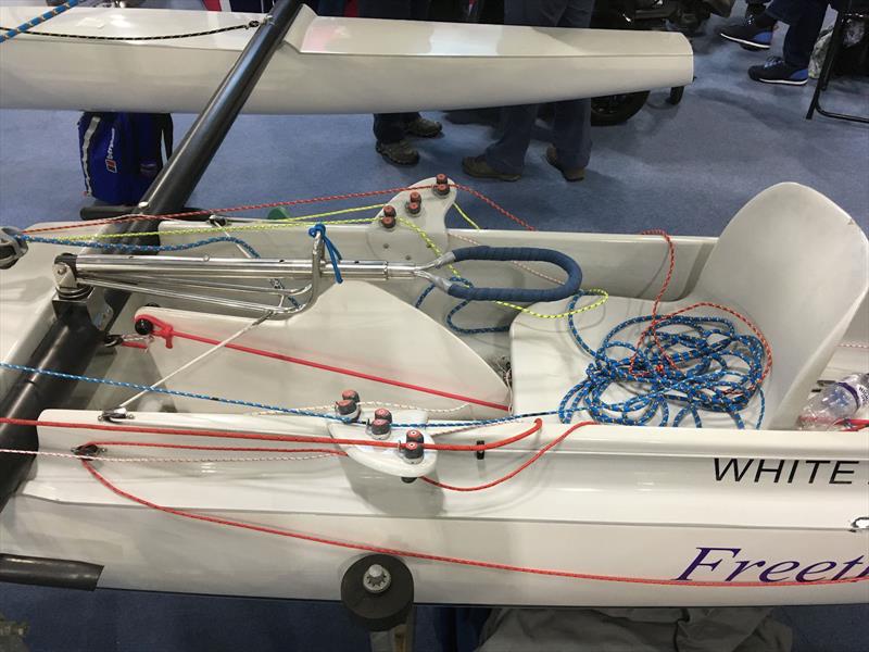 Challenger trimaran dinghy - showing a typical seat with the tiller in front at waist height (tiller pivots upwards to allow helm's entry/exit) photo copyright Magnus Smith / YachtsandYachting.com taken at RYA Dinghy Show and featuring the Challenger class