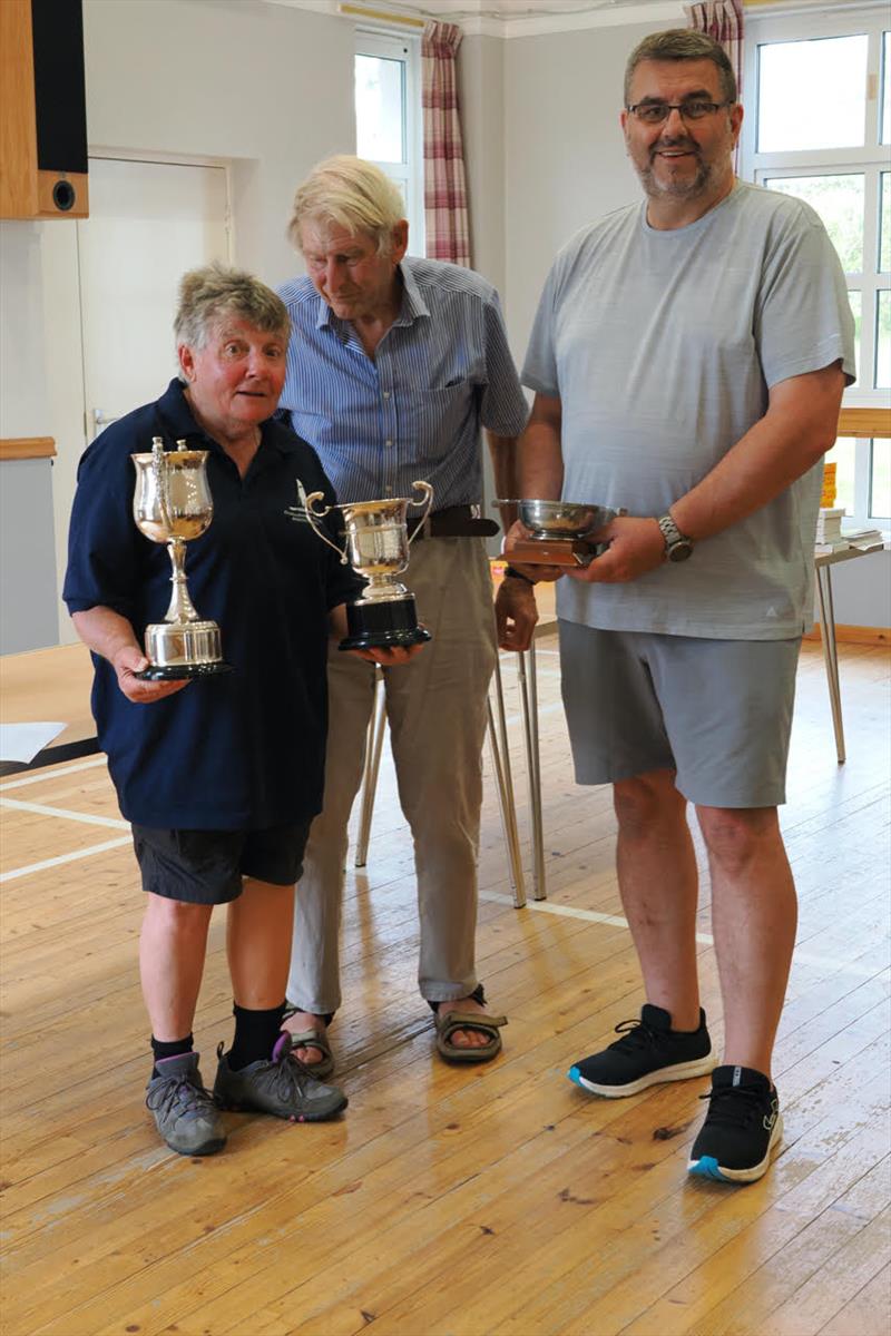 Overall winner Val Millward with her trophies alongside Solway Yacht Club Sailing Secretary and Race Officer, John Broadbent, together with Club Commodore, Scott McColm during the Challenger Scottish Championship - photo © Margaret Purkis