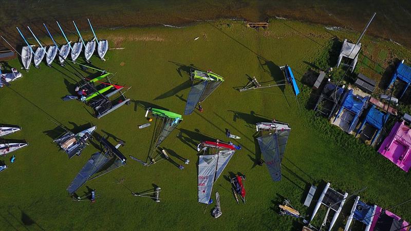 Drone image of the fleet rigging during the Rutland Cherub Open photo copyright Tim Olin / www.olinphoto.co.uk taken at Rutland Sailing Club and featuring the Cherub class