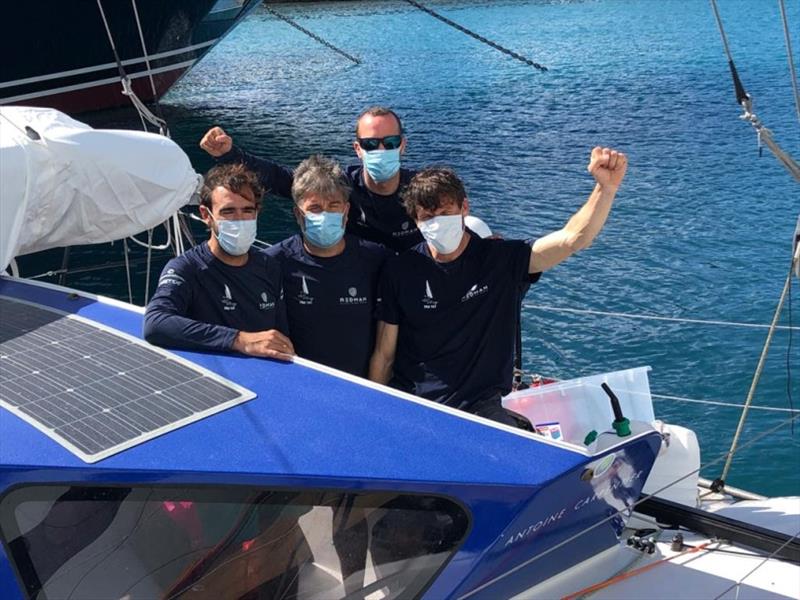 Antoine Carpentier and team on Class40 Redman finished the RORC Transatlantic Race in an elapsed time of 10 days, 18 hours, 24 mins and 13 secs. Redman Crew: L-R: Pierre Lacaze, Arnaud Aubry, Pablo Santurde, Antoine Carpentier photo copyright Helen Spooner / RORC taken at Royal Ocean Racing Club and featuring the Class 40 class