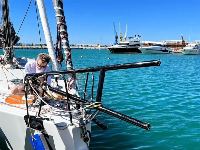 The bowsprit of The Globe en Solidaire snaps during a collision during the Globe40 Race start - photo © James Devoy