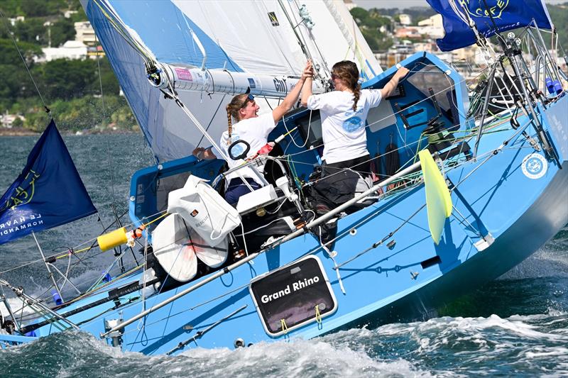 Aina Bauza Roig and Axelle Pillain celebrate taking 18th place of leg 2 in the Transat Café L'or Le Havre Normandie photo copyright Jean-Louis Carli taken at  and featuring the Class 40 class