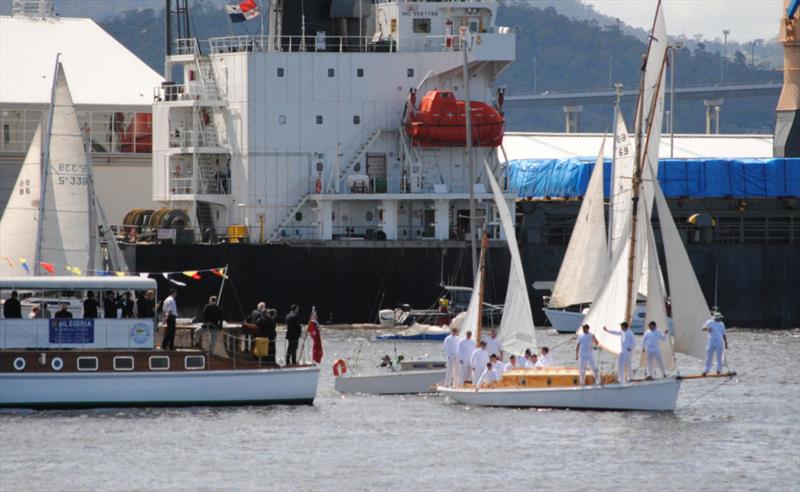 The 100 year-plus-old yawl Gipsy sails past Egeria photo copyright Peter Campbell taken at  and featuring the Classic Yachts class