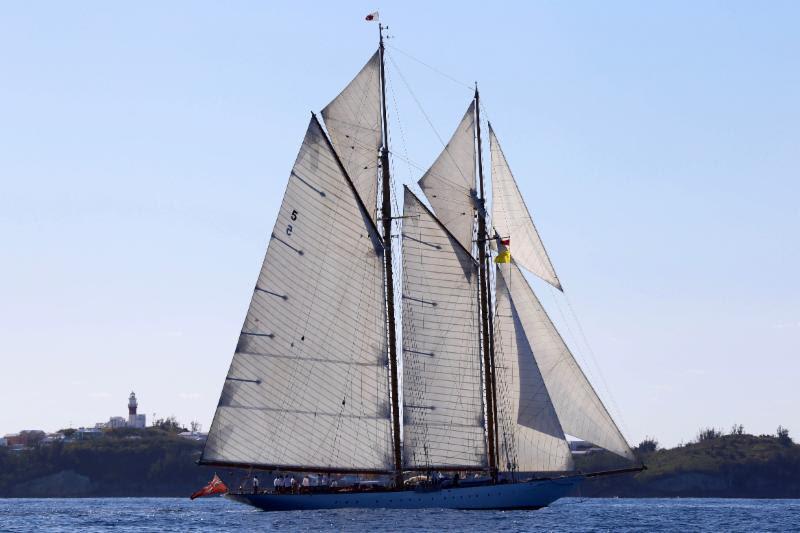 Eleonora crosses the finish line off St. David's Light, Bermuda just before dawn on Wednesday May, 17 photo copyright Tom Clarke taken at Royal Bermuda Yacht Club and featuring the Classic Yachts class