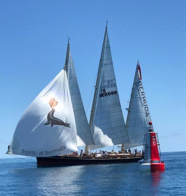 Spirit of Bermuda after crossing the finish line off St David's Light, Bermuda in the 935 nautical mile race from Antigua photo copyright Tom Clarke taken at Royal Bermuda Yacht Club and featuring the Classic Yachts class