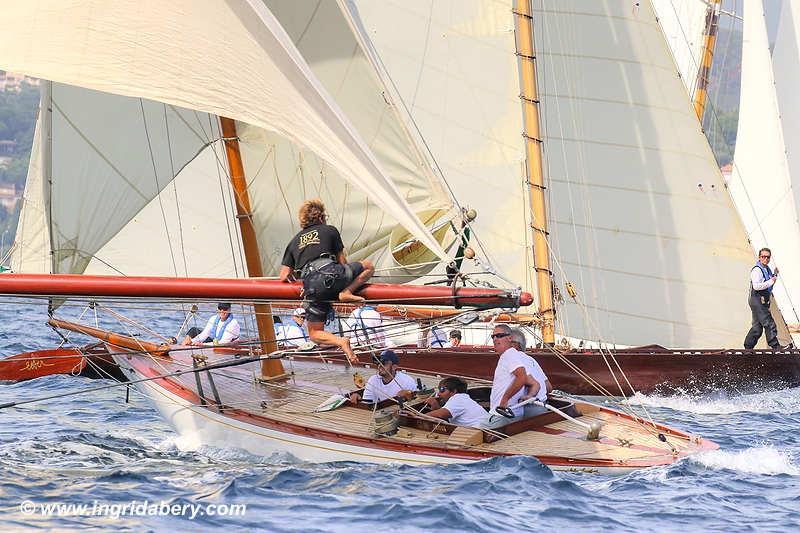 Classics Marigold (black hull) and Endrick crash at Les Voiles de Saint-Tropez 2019 photo copyright Ingrid Abery / www.ingridabery.com taken at Société Nautique de Saint-Tropez and featuring the Classic Yachts class