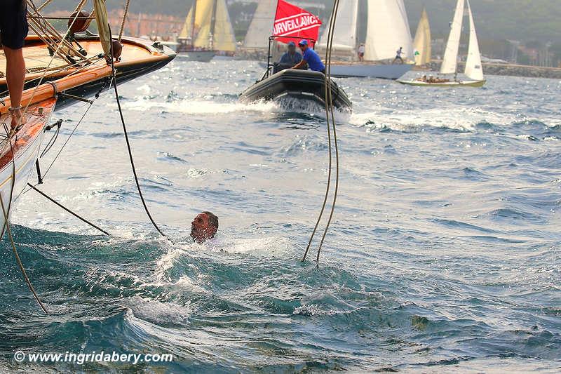 Classics Marigold (black hull) and Endrick crash at Les Voiles de Saint-Tropez 2019 photo copyright Ingrid Abery / www.ingridabery.com taken at Société Nautique de Saint-Tropez and featuring the Classic Yachts class