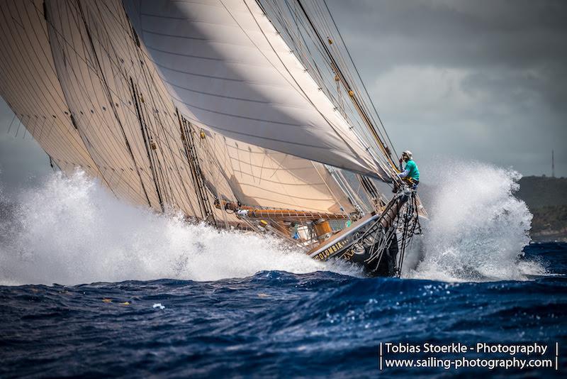 There was a hair raising close encounter between 141' Columbia and 36' Sweetheart - 2018 Antigua Classic Yacht Regatta - Day 4 photo copyright Tobias Stoerkle www.blende64.com taken at Antigua Yacht Club and featuring the Classic Yachts class