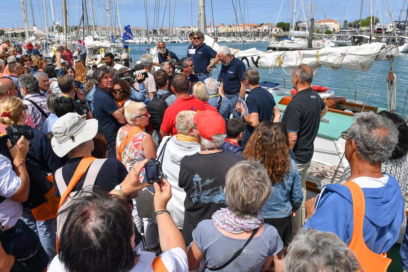 SITRaN Challenge Race from Falmouth to Les Sables d'Olonne - Sir Robin Knox-Johnston and his famous yacht Suhaili welcomed on the dock on arrival in Les Sables d'Olonne photo copyright Christophe Favreau / PPL / GGR taken at  and featuring the Classic Yachts class