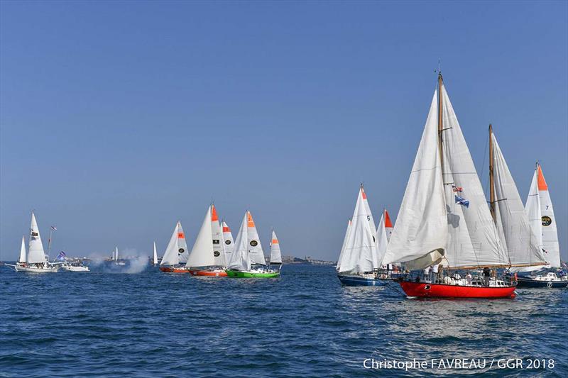 Sir Robin fires the race start cannon in Les Sables photo copyright Christophe Favreau / GGR2018 taken at  and featuring the Classic Yachts class